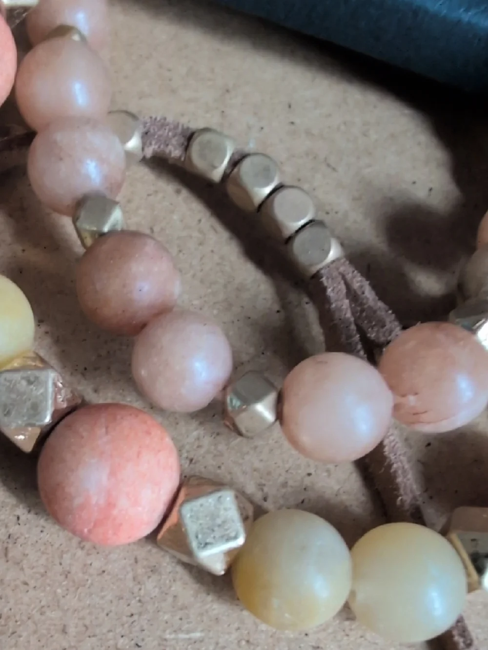 Peach & Cream Beaded Stretch Bracelet Trio with Gold Accents